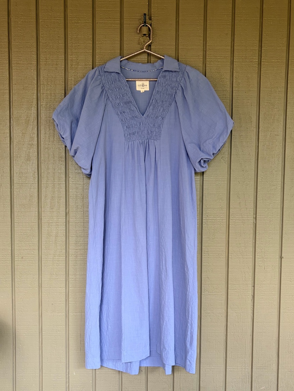 Umgee Periwinkle Blue 100% Cotton Smocked Puff Sleeve Midi Dress S